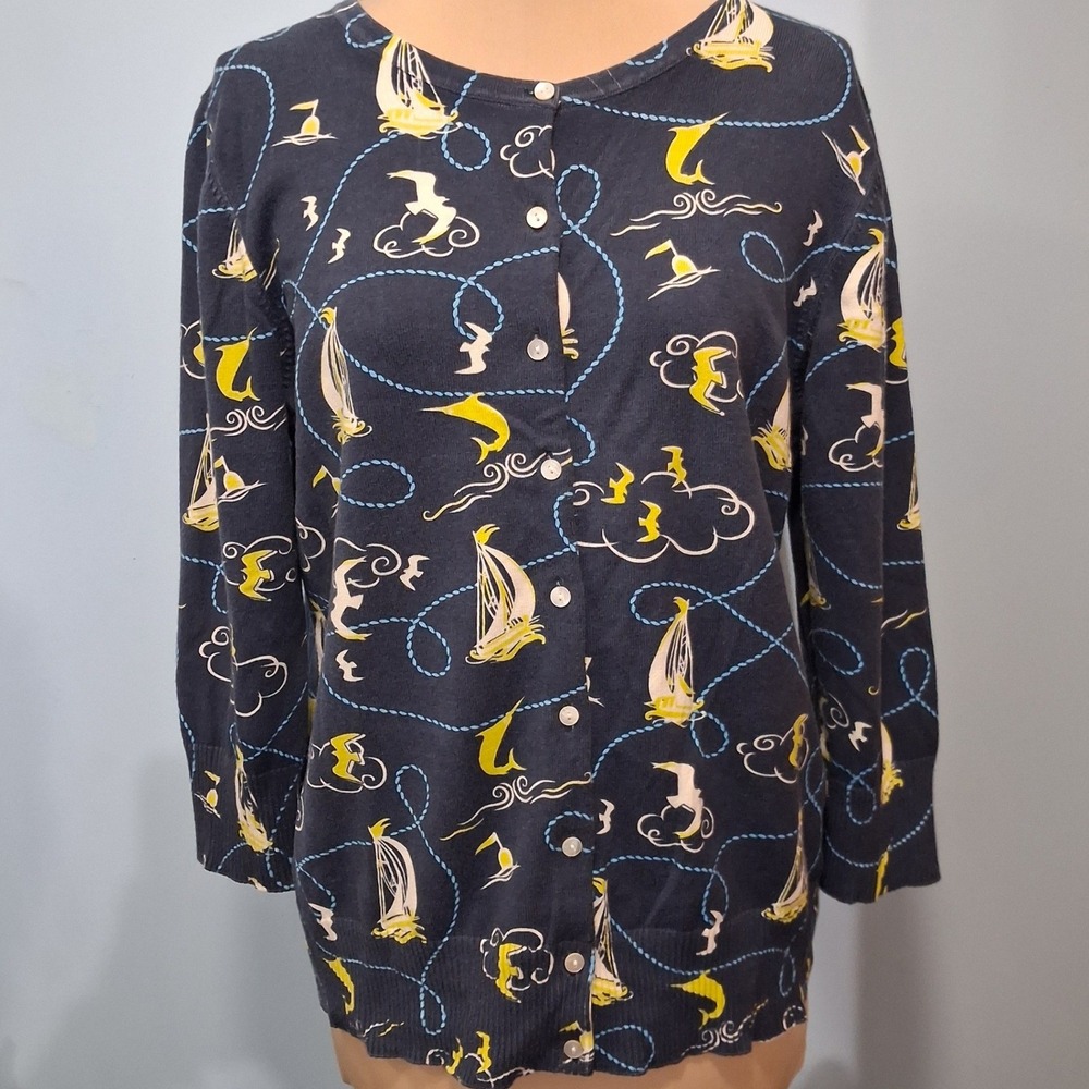 LL Bean Womens Cardigan Sweater Blue Coastal Nautical Sailboat Preppy Cotton L